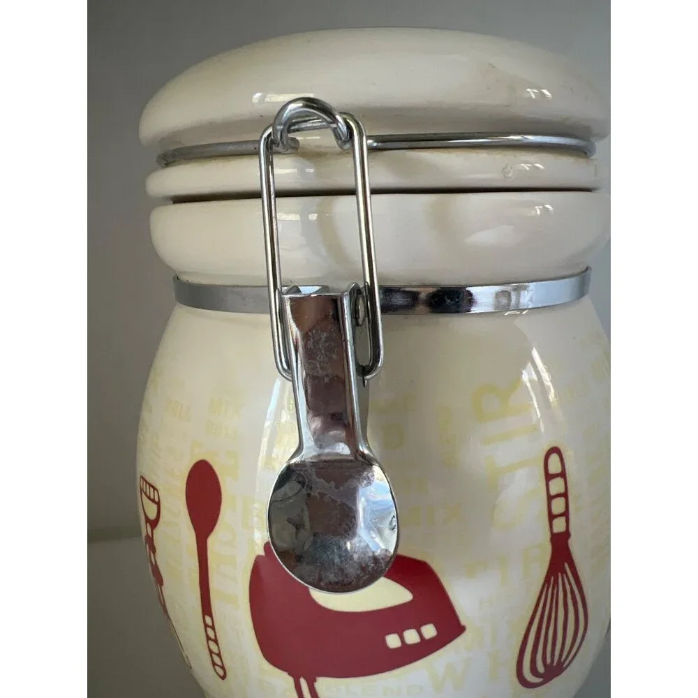 Retro Kitchen Canister Ceramic Hinged Lid Gasket Baking Pattern White Yellow Red